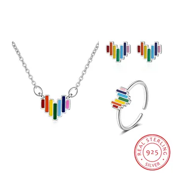 

Colorful Rainbow Love Heart Jewelry Set 925 Sterling Silve Necklace Earring Ring Wedding Party Exquisite Jewelry Set