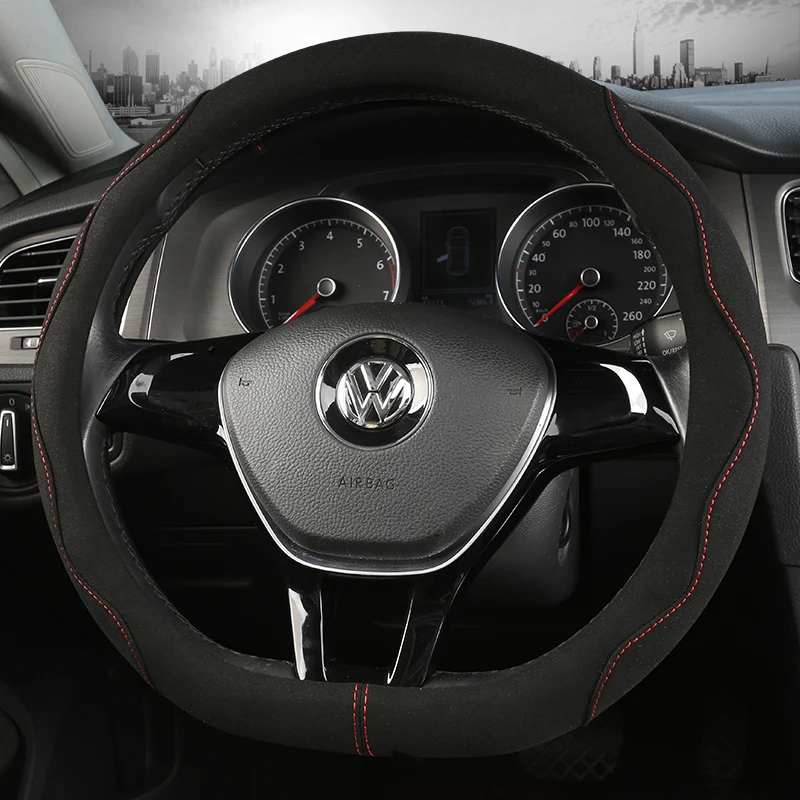 

D Shape Suede Cow Leather Car Steering Wheels Covers 38CM/15'' Steering Wheel Hubs Car Styling,For VW GOLF 7 8 2015 POLO JATTA
