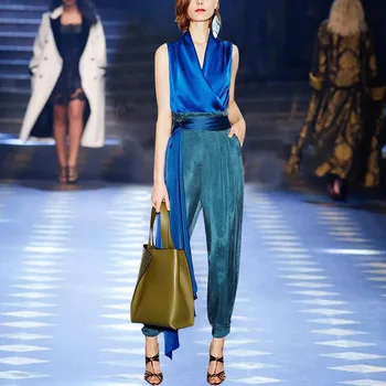 

2020 Satin V Collar Top Joker Gao Waist Lace Radish Pants Suit Female