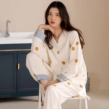

Pajamas for Women Cotton Pyjama Femme Ete Long Tops Sleepwear Set High Quality Home Clothes for Women Yellow Dot Print Pijamas