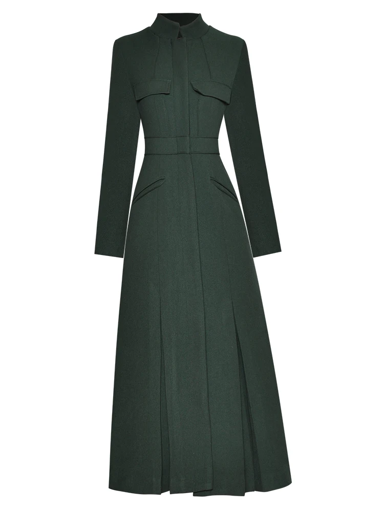 

New 2022 Spring Long Coat Trench High Quality Women Covered Button Pocket Patchwork Long Sleeve Casual Army Green Coat Outwear