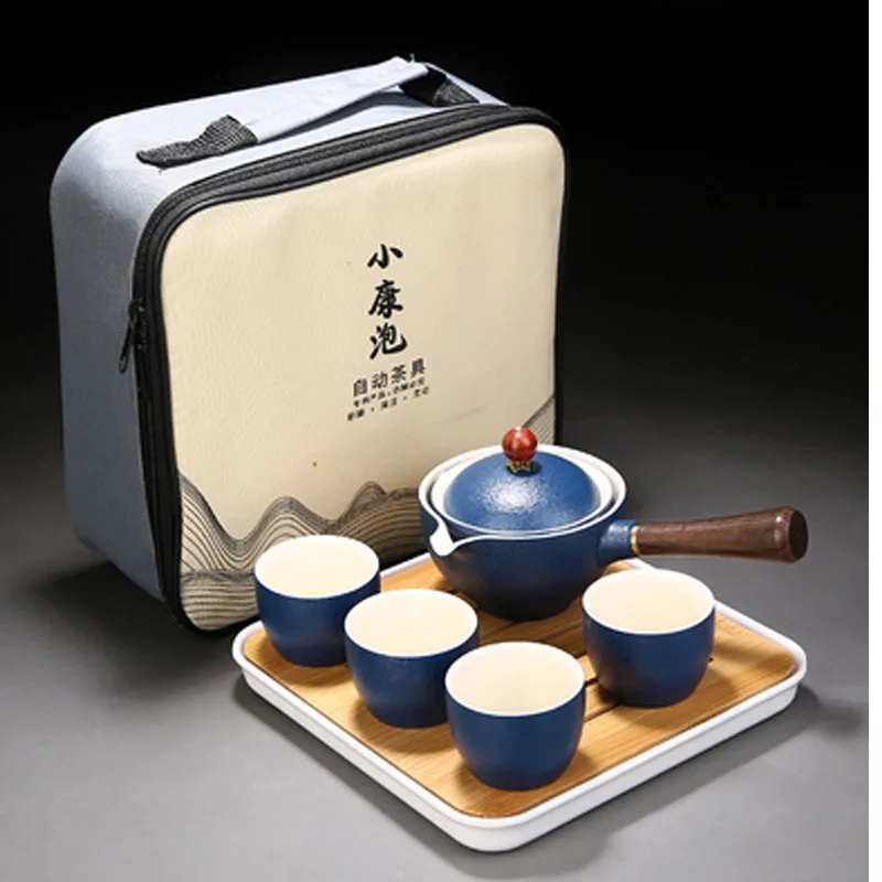 Ceramic Gongfu Kung Fu Tea Set, Cup Filter Teapot with Wooden Handle, Side-handle Automatic Spinning Pot, Travel Outdoor Teawa