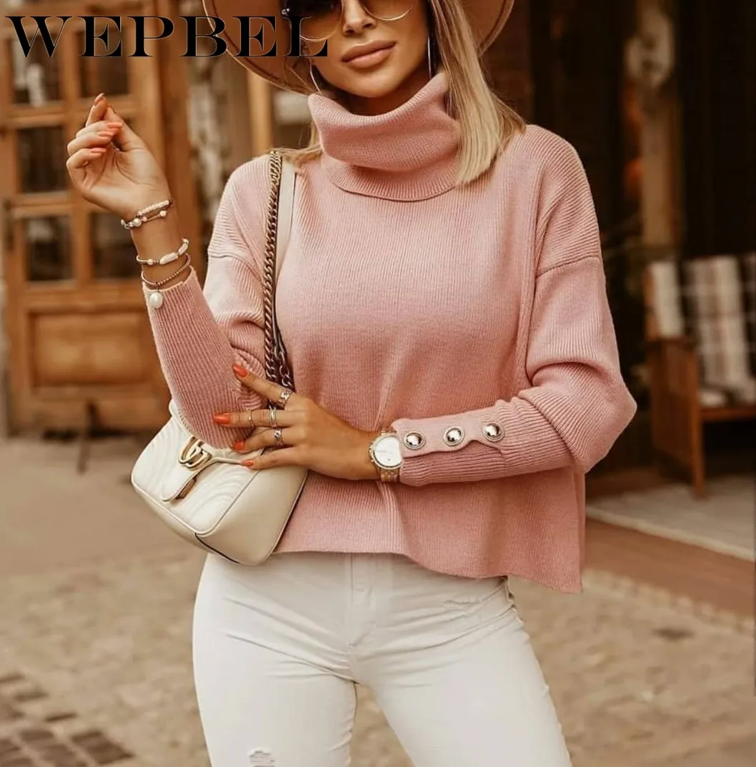 

WEPBEL Women's Fashion Turn-down Collar Pullovers Button Knitted Sweater Autumn Winter Casual Long Sleeve Solid Color Sweater