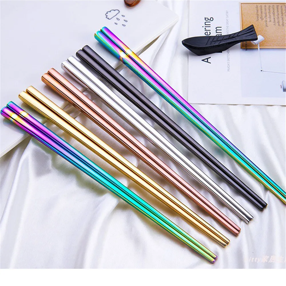 

Stainless Steel Chopsticks Tableware Gold Plated Colorful Electroplated Titanium Gold Square Reusable Portable Dishware 1Pair