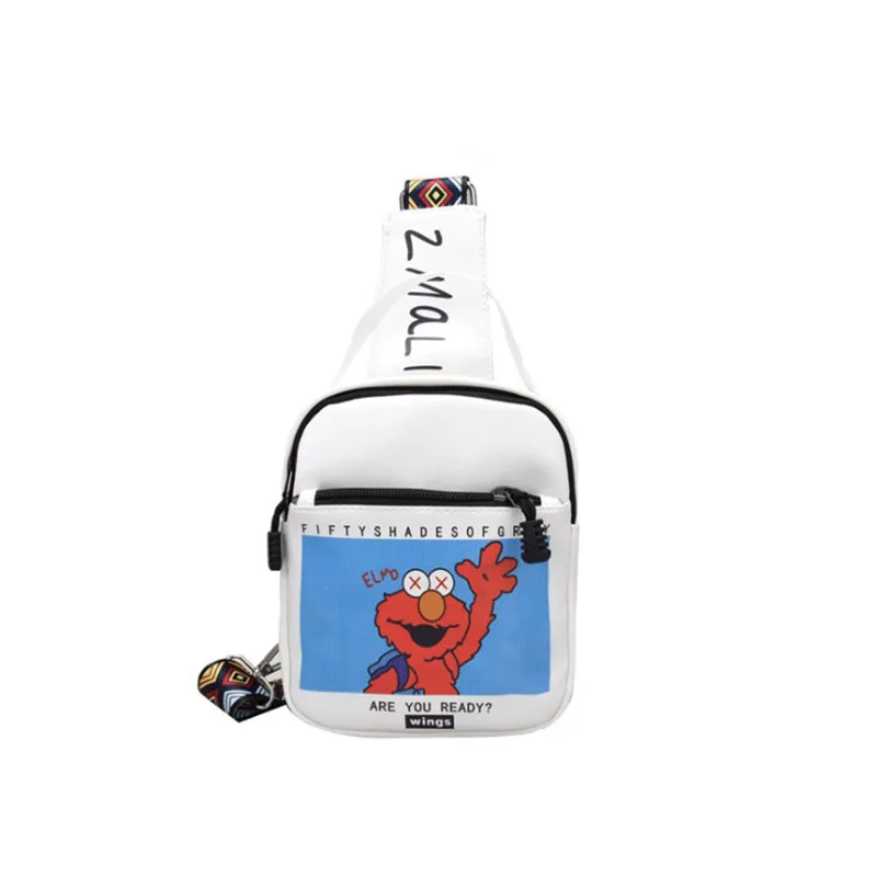 

2019 Fashion Cartoon Printing Shoulder Bag New PU Wide Strap Zipper Chest Bag for Outdoor Sport Casual Handbag Four Style