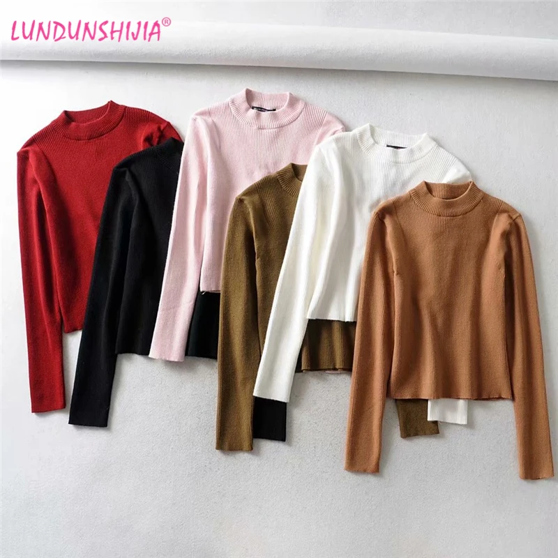 

LUNDUNSHIJIA On sale 2019 Autumn Women Knitted Sweater Sexy Short O-neck Jumper Fashion Slim Femme Elasticity Pullovers Top