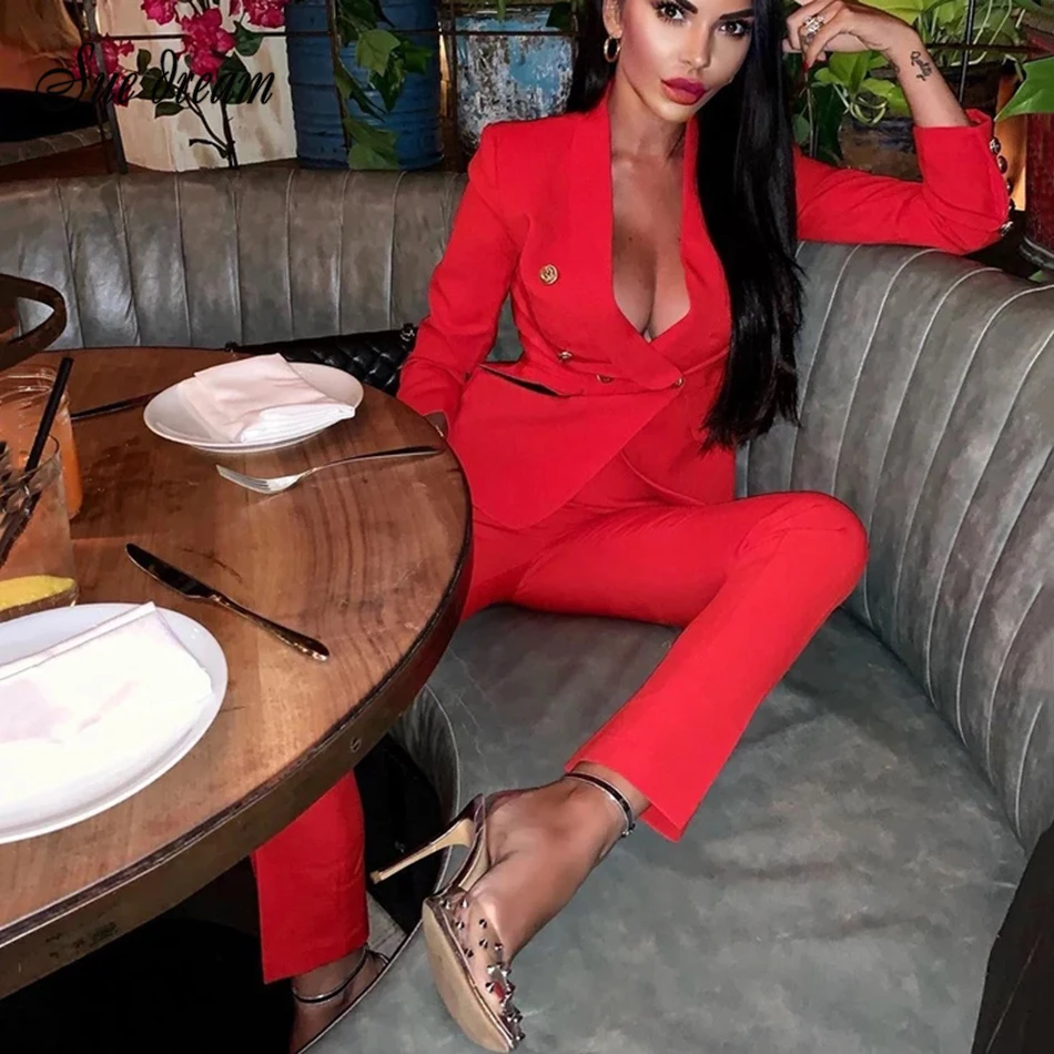 Vrouwen 2 Stuk Tweedelige Set Winter 2019 Rood Roze Blazer Knop Lange Mouwen V-hals Jas & Broek bodycon Club Party Set Vrouwen 2 Stuk Tweedelige Set Winter 2019 Rood Roze Blazer Knop Lange Mouwen V-hals Jas & Broek bodycon Club Party Set