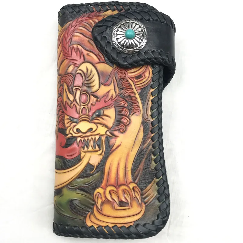 

Unisex High-end Genuine Cow Leather Hand Carved Long Wallet Male Card Holders Engraved Designer Men's Dragon Clutch Purse