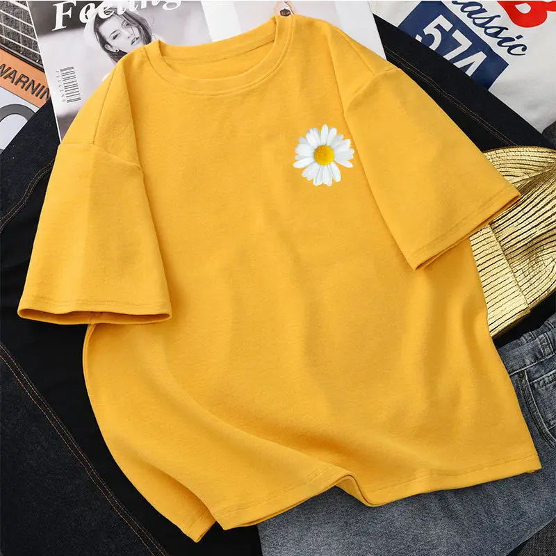 Summer Short Sleeve Women's T-shirt 2020 Loose Casual T Shirts Girls Student Half Sleeve Daisy Pattern Harajuku Tops Female Tees