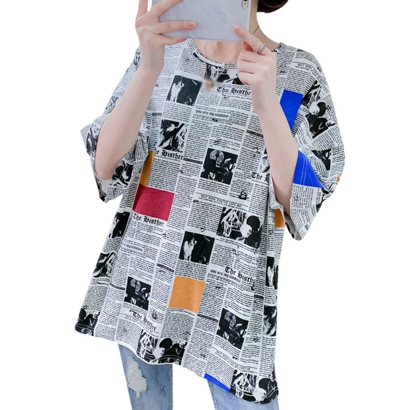 Harajuku Long T-Shirt Loose Letter Printed Women Tshirt Loose Female Tee Tops Large Size Summer T-Shirts