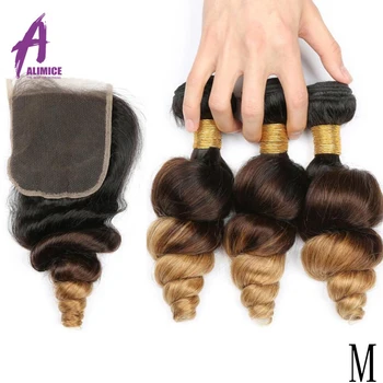 

Alimice Ombre Malaysian Loose Wave Bundles With Closure T1B/4/27 Human Hair Bundles With Closure Remy 3 Bundles With Closure