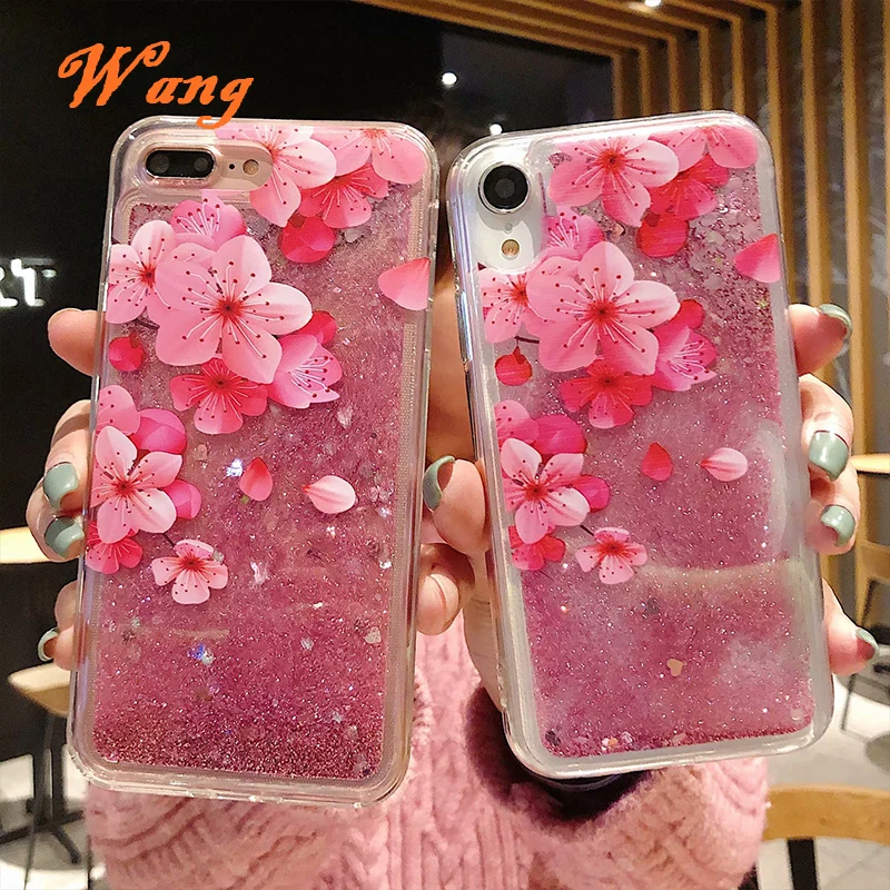 

Peach Blossom Sequins Glitter Liquid Phone Case for For Redmi Note9 7 8 Note9pro 7A Note8 Back Cover Phone Shell For Xiaomi9 9CC