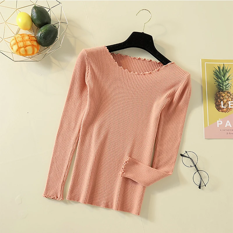 

Female Ruffled Collar Knit Pink Sweaters Basic Women autumn Winter Long Sleeve Pullovers feminine Soft Ruched Tops jumpers 2019
