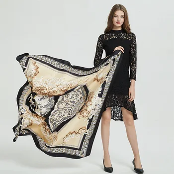 

130X130cm Square Vintage Lace Silk Scarf Women's Summer Sun Shawl Ethnic Print Bandana Female Pashimina Lady Beach Scarfs Poncho