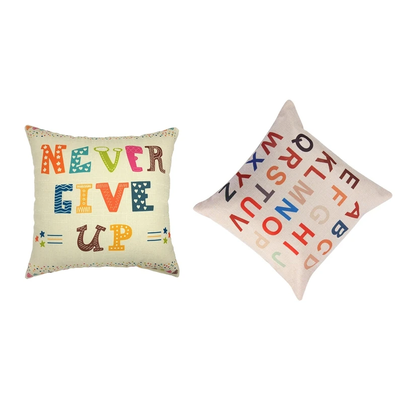 2pcs Flax Square Decorative Throw Pillow Case Cushion Cover Home Decoration 18x18 Inch- Never Give Up& a B C D 26 Letters
