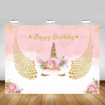 

Floral Unicorn Happy Birthday Party Backdrop Decoration Golden Angle Wings Pink Newborn Baby Shower Photography Background
