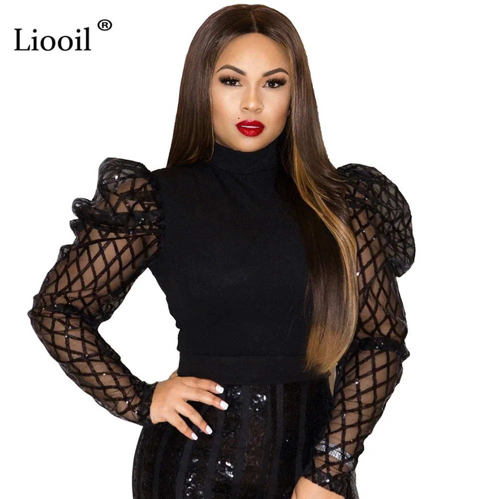 Liooil, черная блузка с блестками, прозрачный топ, женская уличная одежда, водолазка с длинным рукавом, прозрачные сетчатые вечерние женские топы и блузки для клуба