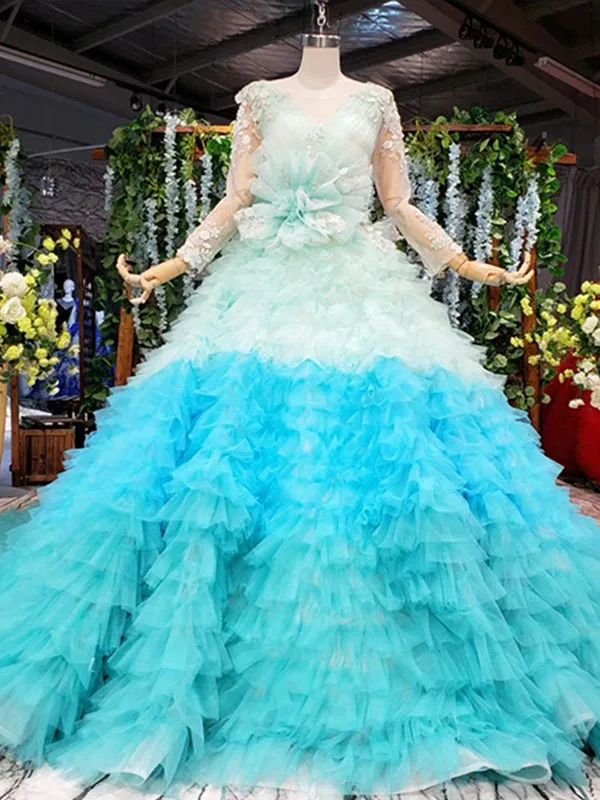 HTL896 розовое вечернее платье с длинным круглым вырезом и объемными цветами, с длинными рукавами, свадебное вечернее платье, нарядное стильное платье vestito da sera lungo - Цвет: as photo blue 892