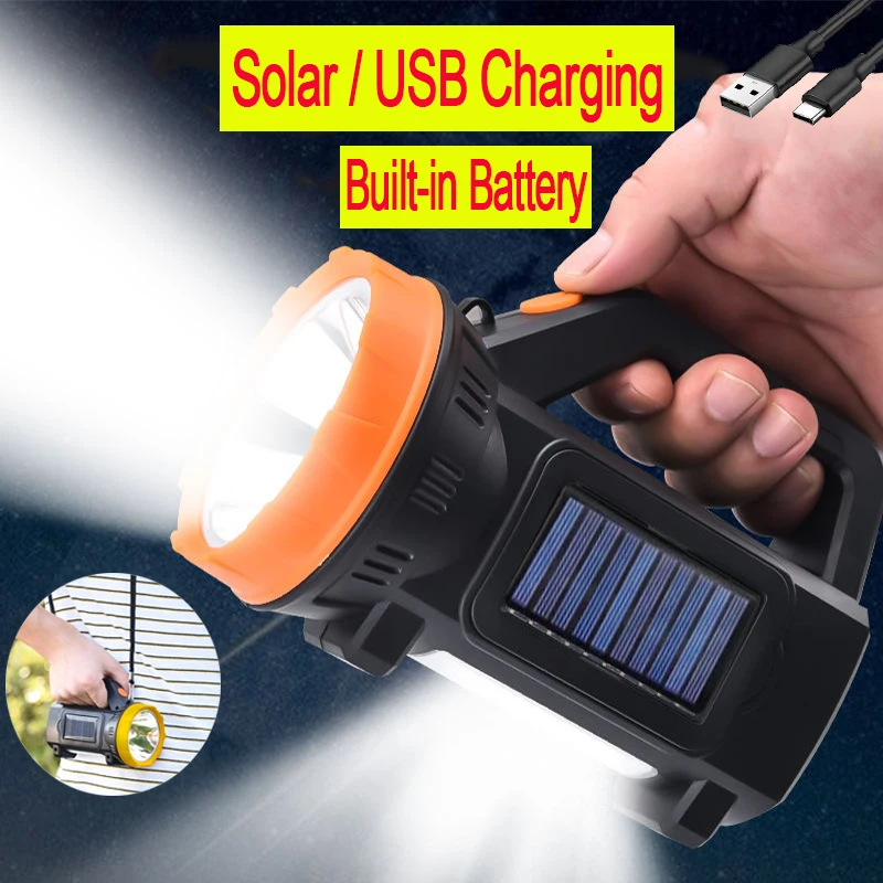 250W Handheld Spotlight Portable USB Rechargeable LED Searchlight Lantern Flashlight Waterproof with Side Light For Camping Fish