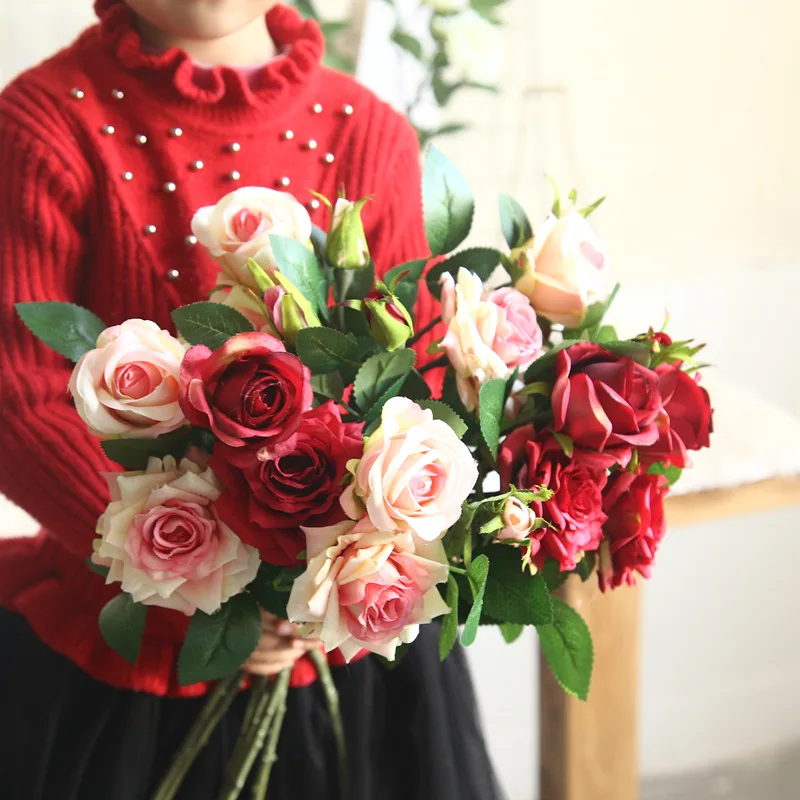 1pcs Wedding Artificial Flower Single Rose Flower Wall Plant Potted Landscape Bonsai for Photography Home Decoration