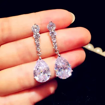 

925 STERLING SILVER NEEDLES DROP EARRINGS FOR WOMEN LUXURY WHITE WATER DROP CUBIC ZIRCONIA TEMPERAMENT FINE JEWELRY TOP QUALITY