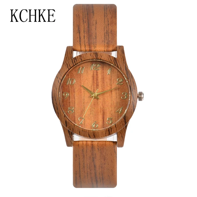 KCHKE 2020 Black/Coffee/Beige Dial Natural Bamboo Wood Watch Men Women Genuine Leather Wooden Clock Male hour Reloj de madera women dark brown