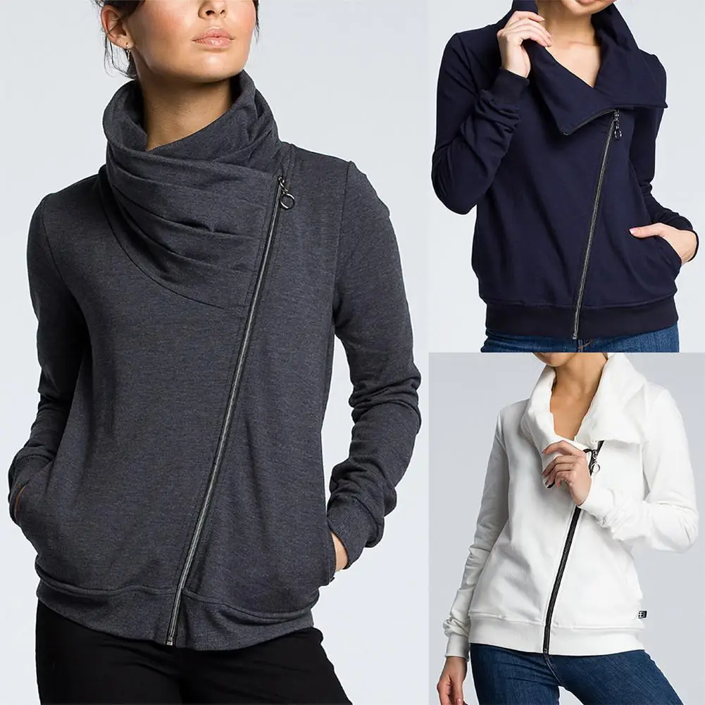 

Kuulee Autumn Winter Sweatshirt Zipper High Neck Casual Hoodies Jacket Pure Color Long Sleeve Pocket Coat
