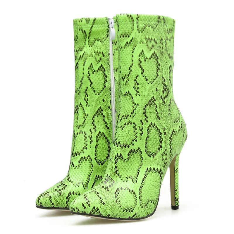Модные женские ботильоны; туфли-лодочки с острым носком на высоком каблуке; флуоресцентная зеленая змея; кожаные полусапожки; вечерние сапоги на тонком каблуке; туфли-лодочки