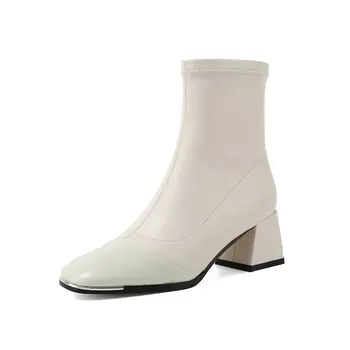 

2021 metal square toe Side Zipper Women Boots Genuine Leather New Shoes Woman Fashion Wedding Party Shoes Woman