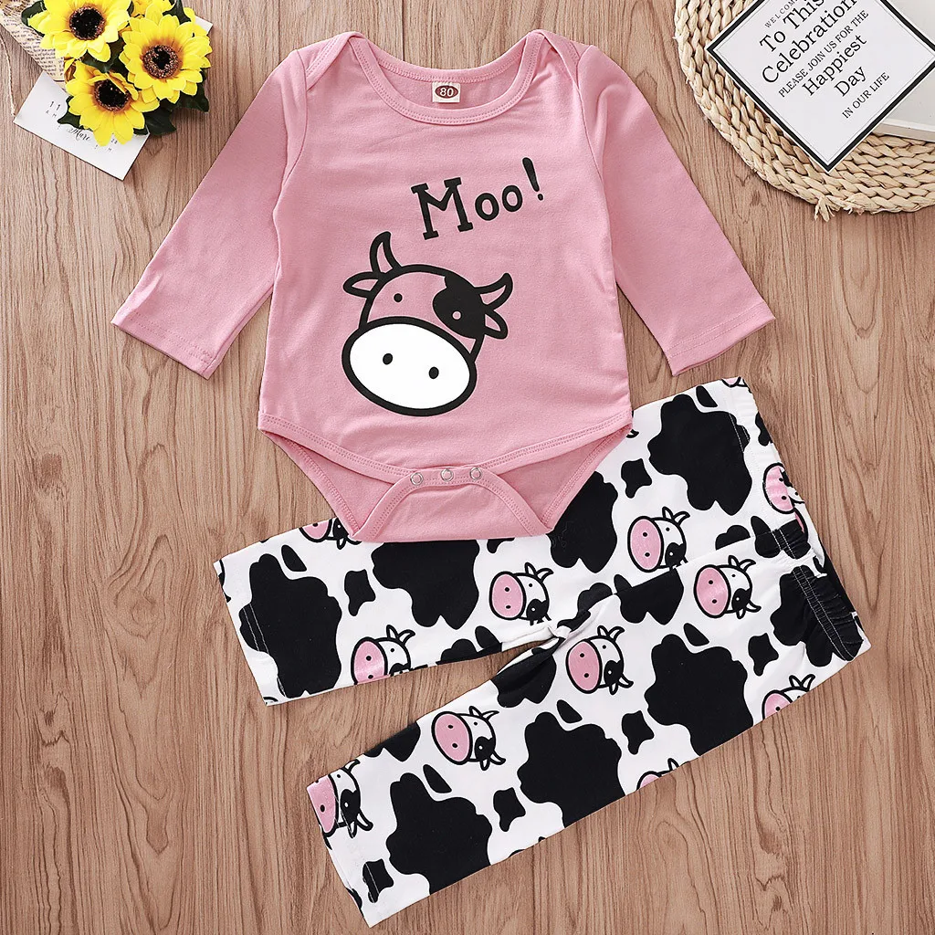 Одежда для маленьких девочек; зимний хлопковый комбинезон с круглым вырезом и милым рисунком коровы+ штаны; модная детская одежда из бутика; roupa infantil
