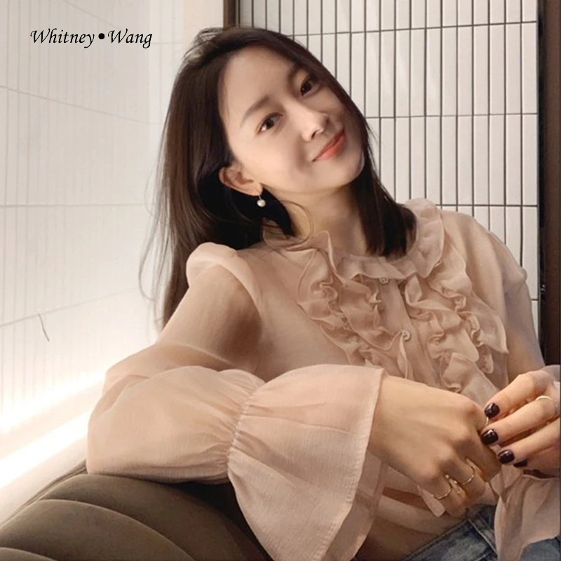 Женская блузка с рукавами колоколами и рюшами в Корейском стиле|Рубашки| |