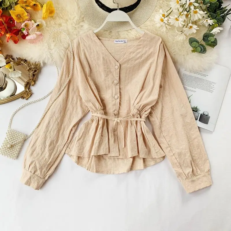 

Women Ins Autumn 2019 New Korean High Waist Slimming V-neck Shirts Lady Long Sleeve Elegant Blouse Tops J215