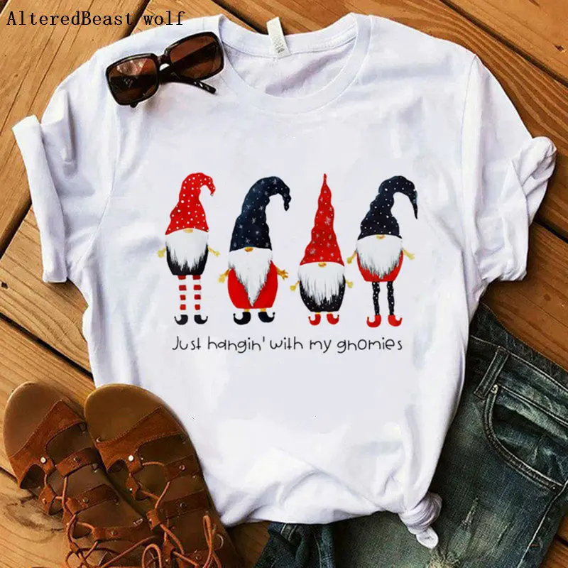 as picture Футболка Gnomies с надписью «Just Hangin' with My Gnomies», топы, Рождественская футболка, женская футболка с принтом, белая женская одежда с коротким рукавом, vogue - Цвет: as picture