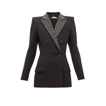 

Ladies Office Black Autumn Blazer Jacket Elegant High Quality Diamond Decoration Double Breasted Feminine Slim Suit For Women