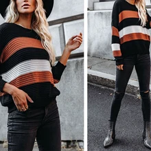 

2021 Autumn and Winter New Women's Fashion Street Striped Sweater Loose Casual Round Neck Pullover Large Size Acrylic Sweater
