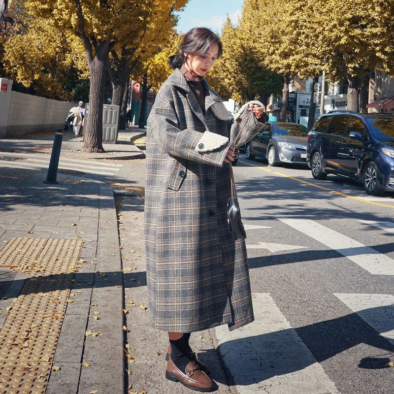 

Photo Shoot Plaid Woolen Overcoat Women's Mid-length over-the-Knee 2020 Autumn And Winter New Style Korean-style Loose Cocoon Wo