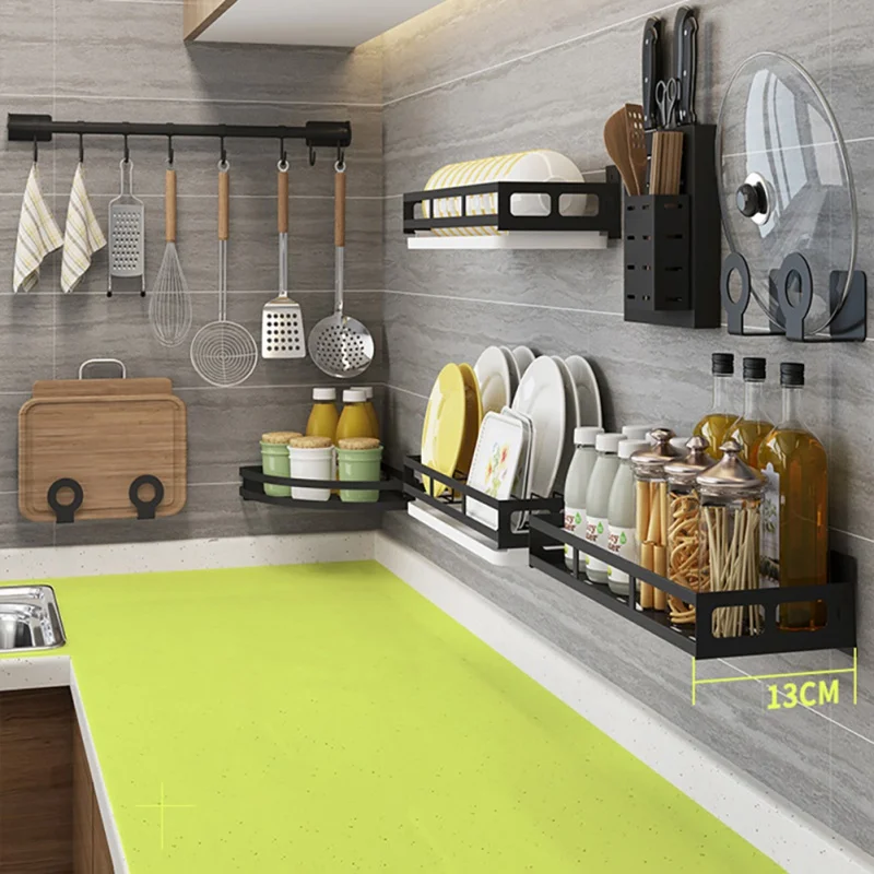 Free Of Punch Kitchen Shelving Wall Hanging Knife Rack Cutting Board Dishes Seasoning Black Storage Rack Free Of Punch Kitchen Shelving Wall Hanging Knife Rack Cutting Board Dishes Seasoning Black Storage Rack
