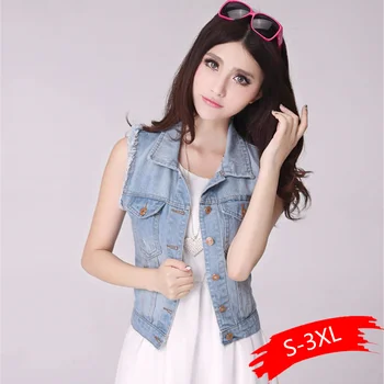 

Spring Denim Vest Women Casual Colete Coat Vintage Cardigan Jean Sleeveless Turn-down Collar Breasted brand Woman Clothing