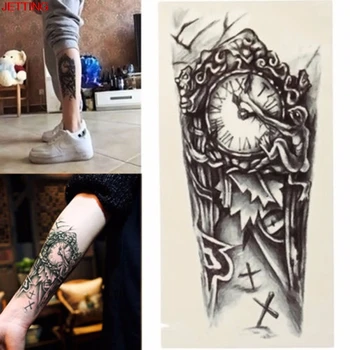 

Black Clock Tatoos For Men Temporary Large Mechanical Arm Leg Tattoo Sticker Women 3D Sexy Fake Transfer Tattoo Chest