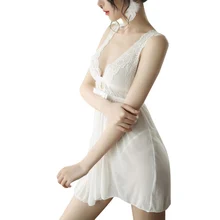 Ночная сорочка, нижнее белье, новинка, кружевная, обернутая грудь, сексуальная, на бретельках, пижама, глубокий v-образный вырез, перспективный костюм, женский халат