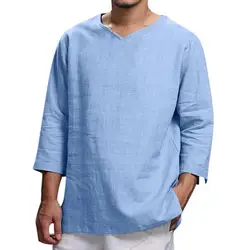 CYSINCOS Мужская Повседневная Блузка хлопковая льняная рубашка свободные топы с длинным рукавом Однотонная рубашка плюс размер дышащая camisa