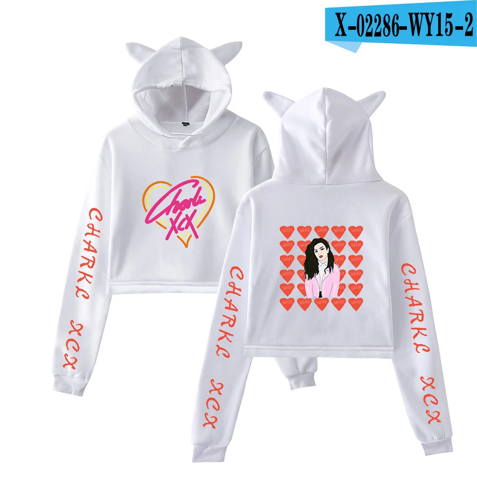 As picture Популярные Charli XCX кошачьи уши удобные толстовки с капюшоном для женщин поп укороченный топ толстовки худи для женщин девочек повседневные Черные Пуловеры Толстовка - Цвет: As picture