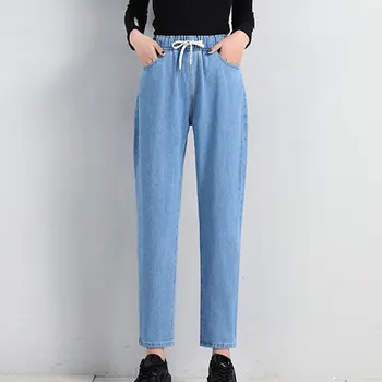 

Women High Waist Jeans Drawstring Elastic Waist Casual Loose Straight Ankle Length Plus Size Student Jeans Summer 2020