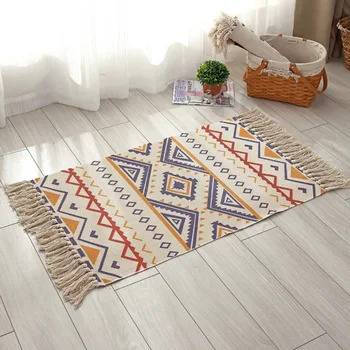 

Cotton and Linen Boho Carpet Mat Home Bedroom Floor Door Mat Bedside Tassel Blanket Alfombra Boho Tapis de gland H99F