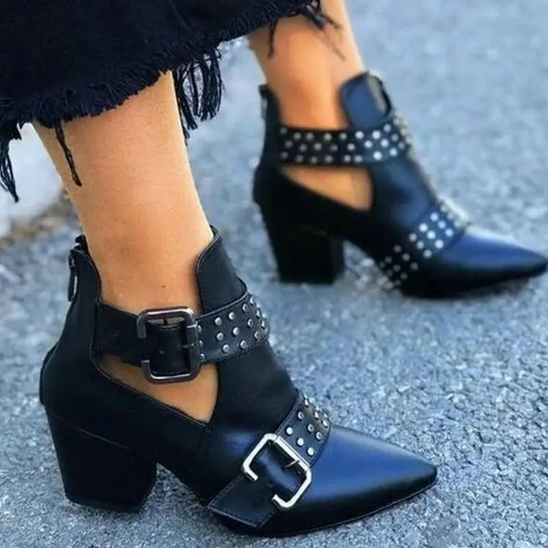 Women's Vintage Hollow ankle boots Pointed Toe rubber Square heel gothic shoes punk botines Drop Ship | Обувь