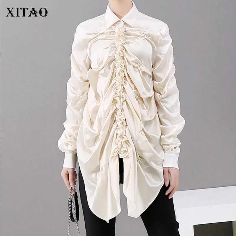 

XITAO Tide Pleated Irregular Blouse Women 2019 Autumn New Turn Down Collar Solid Color Shirt Single Breasted Top Women GCC1410