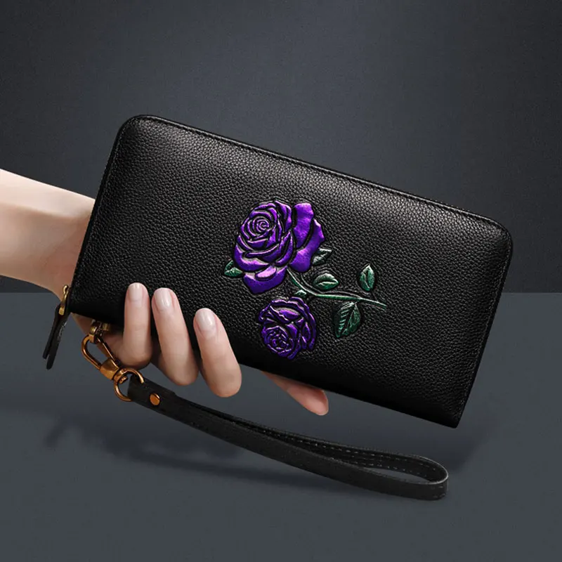 

Luxury Brand Design Women Wallets Rose Flower Genuine Leather Clutch Purse Long Large Capacity Credit Card Zipper Coin Pocket