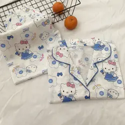 Takara tomy olá kitty primavera e outono novo pijama de algodão de malha bonito dos desenhos animados de duas peças de mangas compridas calças serviço de casa