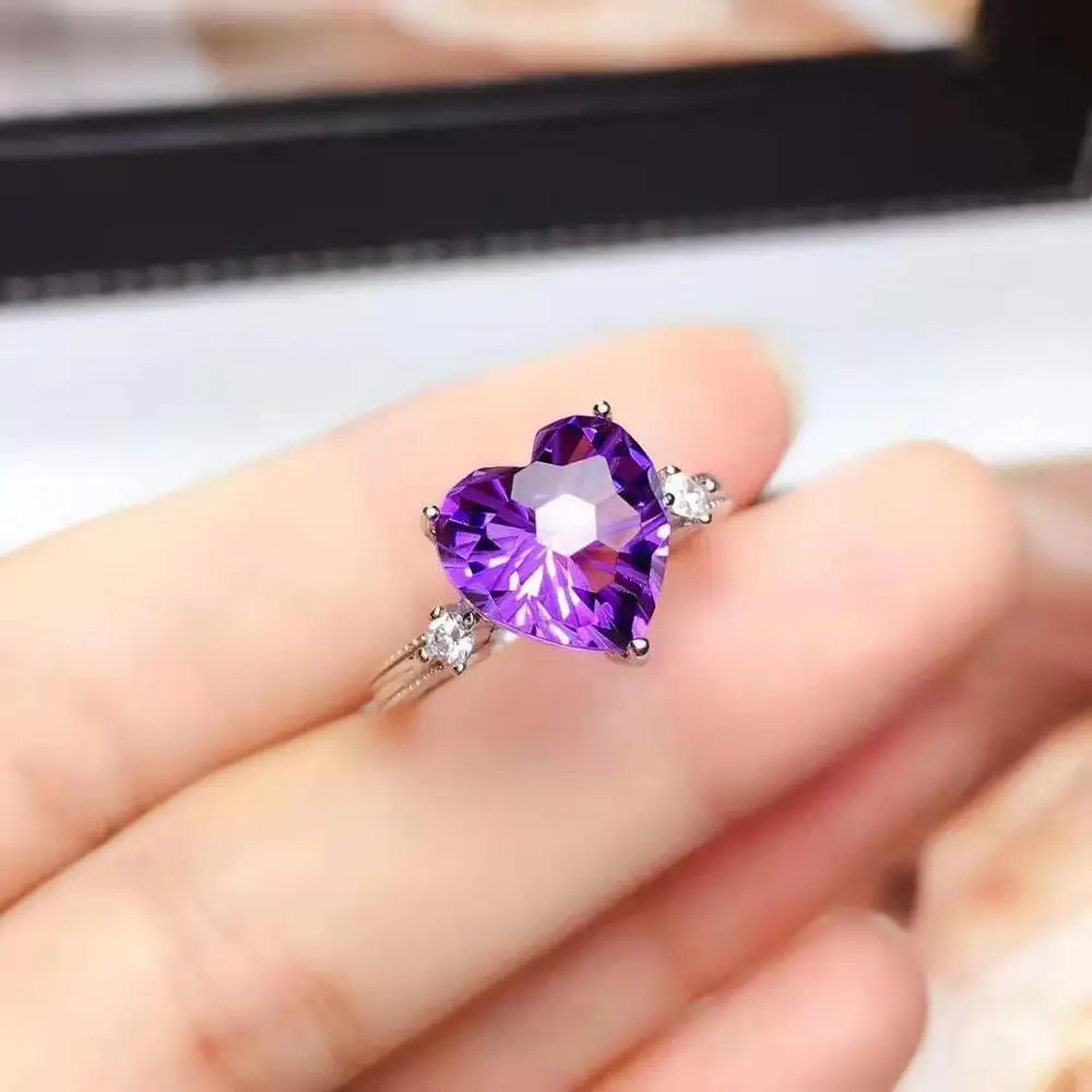 FS 10mm Natural Amethyst Heart-shaped Ring S925 Sterling Silver Charm  Weddings Jewelry for Women Free Shipping MeiBaPJ