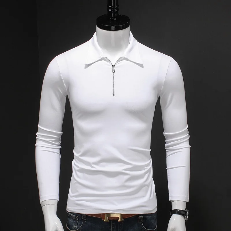Men Polo Solid White Long Sleeve Shirt Mens Fashion Mercerized Cotton Zipper Collar Polos Autumn Casual Clothing | Мужская одежда